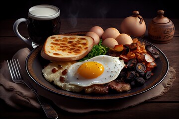 Generative AI illustration of fried eggs and bacon and hash browns and black pudding and mushrooms and toast...