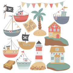 Composition with marine design elements, pirate attributes. Can be used for printing stickers, posters, children's games, pirate style birthday decoration