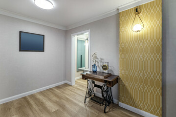 Fragment of a modern renovated room with a white doorway and an old table