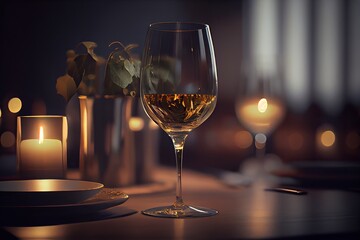 Generative AI illustration of a restaurant table with a glass of white wine, soft golden light, expensive restaurant with beautiful lights in the background