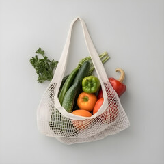 Sustainable shopping bags with various fresh vegetables on a light background closeup vegetarian diet organic eco products, generative AI.
