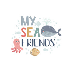 Nautical print with pirate and lettering. Can be used to print on a t-shirt, postcard, poster.