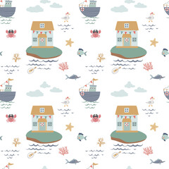 Seamless background with cute underwater inhabitants. Creative children's background. Ideal for baby clothes, fabric, textile, baby decoration, wrapping paper. Vector illustration