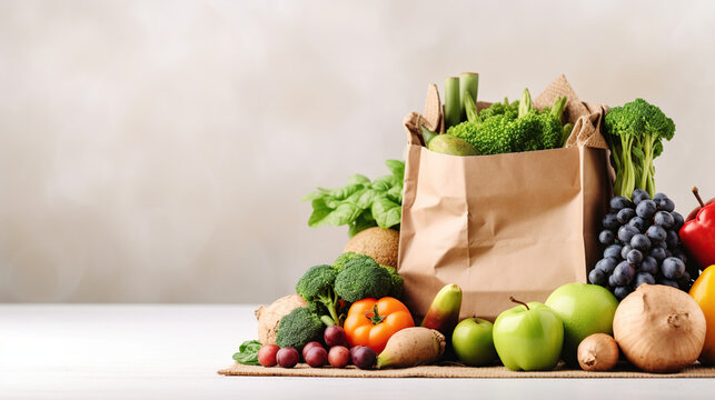 Healthy food background. Healthy food in paper bag fish, vegetables and fruits on white. Shopping food supermarket concept. Long format with copy space. generative ai