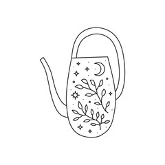 Magical watering can with moon, leafy twigs and stars.
