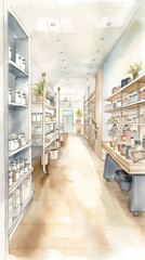 zero-waste shopping, minimalistic store, bulk bins, refill stations, watercolor painting, generative AI