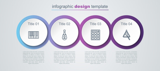 Set line Grand piano, Guitar, Drum machine and Triangle. Business infographic template. Vector