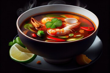 Generative AI illustration of appetizing bowl of Tom Yum soup, spicy Thai soup with shrimp, seafood, coconut milk and chili pepper in bowl copy space