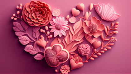 Bold Valentines Day heart-shaped flowers on a pink background, Generative AI