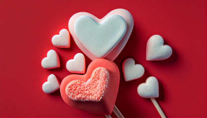 Obraz premium Cute Valentines Day heart-shaped marshmallows on a red background, Generative AI