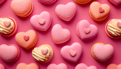 Fototapeta premium Playful Valentines Day heart-shaped macarons on a pink background, Generative AI