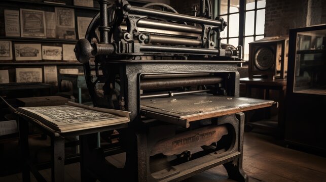 Antique Book Printing Press in Action, Vintage Machinery. Generative AI Illustration
