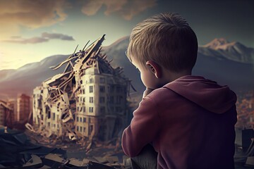 Generative AI illustration of a sad child standing in front of collapse buildings area, natural disaster or war victim, sorrow scenery idea for support children's right