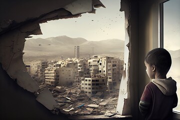 Generative AI illustration of a sad child standing in front of collapse buildings area, natural disaster or war victim, sorrow scenery idea for support children's right