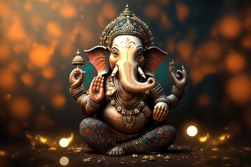 Generative AI illustration of Ganesha Hindu God , with flowers, oil painting taken up into heaven, sitting in front of bokeh mandala background