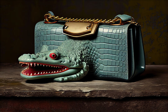 Generative AI illustration of accessories: shoes, handbags... made of crocodile skin
