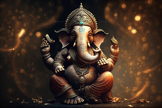 Generative AI illustration of Ganesha Hindu God , with flowers, oil painting taken up into heaven, sitting in front of bokeh mandala background