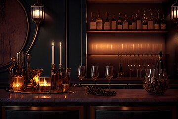Generative AI illustration of a lounge bar, that includes elements such as a well-lit bar counter, wine glasses, lit candles and a relaxed and welcoming atmosphere