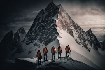Fototapeta na wymiar Generative AI illustration of group of mountaineers. Multiple high alpine climbers in front of a gigantic mountain