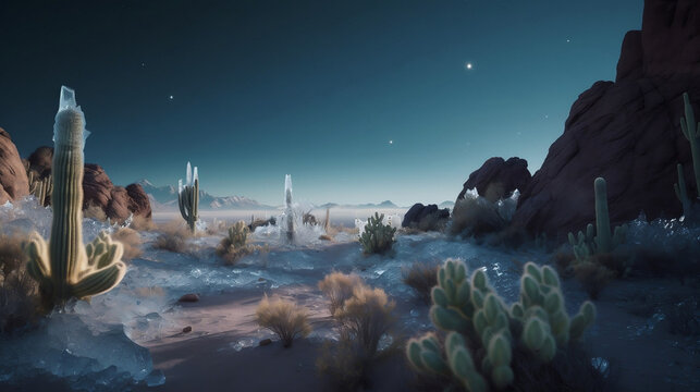 A desert of crystal sand with towering cacti made of ice and a sky full of shooting stars that leave trails of magic dust,photorealistic 