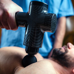 Massage Gun Treatment. Physical Therapist Massaging Man’s Pectoralis Muscle