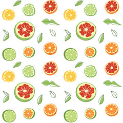 Seamless pattern of citrus fruit slices and leaves on a white background. Vector illustration for fabric, decor and wrapping paper