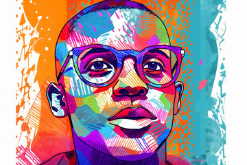 Illustration des Gesichts eines jungen Mannes, stilisiert, Farbe, Kreativität, Generative AI