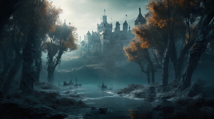 Dark fantasy castle. AI