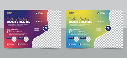 Corporate horizontal business conference flyer template or online webinar and technology conference social media banner layout. live webinar event invitation banner design.	