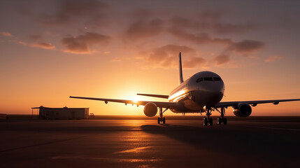 Fototapeta na wymiar Airplane at sunset. AI