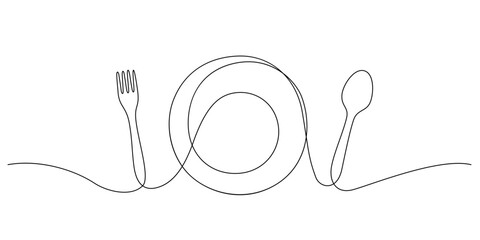 continuous line drawing of dining table set and utensils spoon,fork and plate