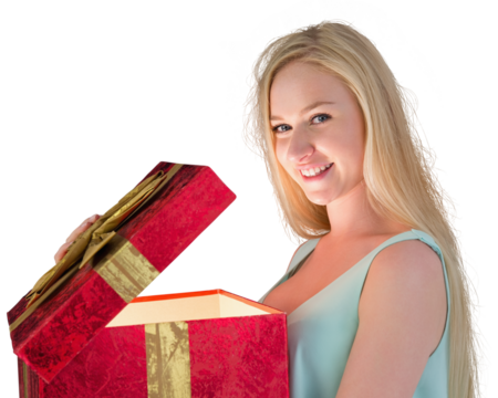 Festive blonde opening a gift