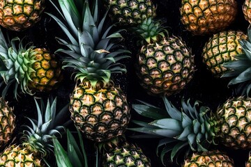 TILE Background of fresh pineapples with shimmering drops of water. View from the top. Shadows are soft. Focus is sharp and clean. Retouching at the highest level.