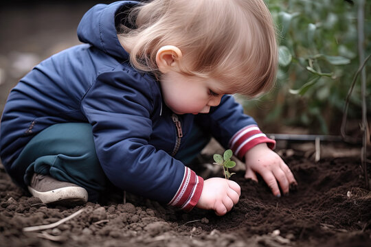 Young Child Planting Seedling in Garden: Depicting the Bond between Humans and Nature. Generative AI