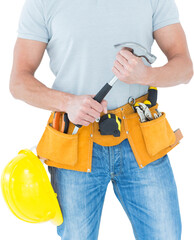 Worker holding hammer over white background