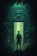 Generative AI illustration of Mayan gate in the forest. An adventurer in a green tropical rainforest discovering a secret passage. Explorer walking through a secret gate - obrazy, fototapety, plakaty