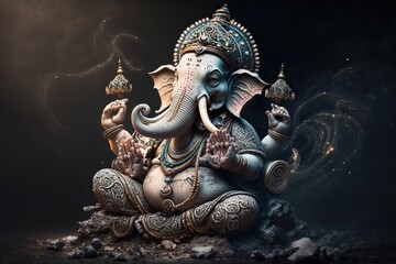 Fototapeta premium Generative AI illustration of Ganesha Hindu God , with flowers, oil painting taken up into heaven, sitting in front of bokeh mandala background