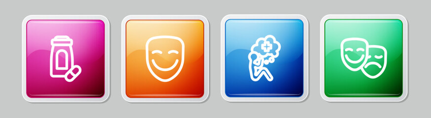 Set line Sedative pills, Comedy theatrical mask, Helping hand and tragedy masks. Colorful square button. Vector