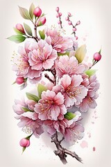 Generative AI illustration of realistic sakura or cherry blossom, japanese spring flower sakura, pink cherry flower on white background