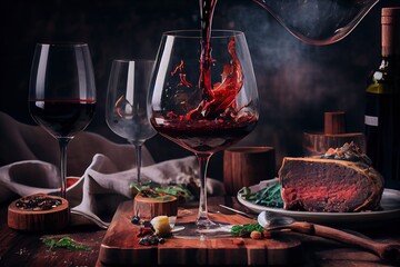 Generative AI illustration of red wine is being poured from bottle into simple wine glass, on a table with incredible food