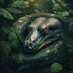 A Anaconda Head Wrapped In Green Leaves On A Background Of Leaves. Generative AI