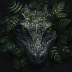 A Black Caiman Head Wrapped In Green Leaves On A Background Of Leaves. Generative AI