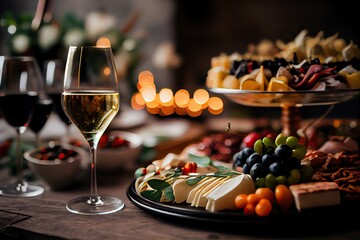 Generative AI illustration of serving table of a variety of delicious festive food and wine prepared for event party or wedding. Selective focus