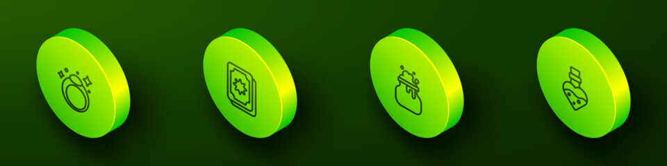 Fototapeta premium Set Isometric line Magic stone ring, Tarot cards, Witch cauldron and Bottle with potion icon. Vector