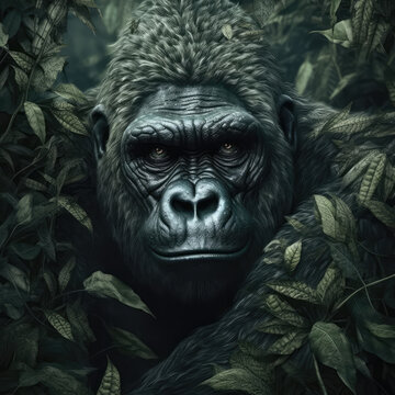 A Silverback Gorilla Head Wrapped In Green Leaves On A Background Of Leaves. Generative AI