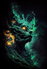 Generative AI illustration of the celestial beast made of a magical malachite nebula, lurks in the dark, abstract hyper realism, surreal liquid oil and splattered ink