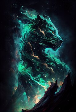 Generative AI illustration of the celestial beast made of a magical malachite nebula, lurks in the dark, abstract hyper realism, surreal liquid oil and splattered ink