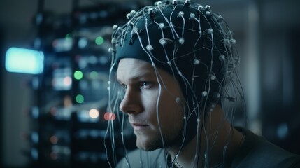 Man in Lab monitoring his brain with sensors electrodes, brain-computer interfaces, electroencephalogram, AI generative