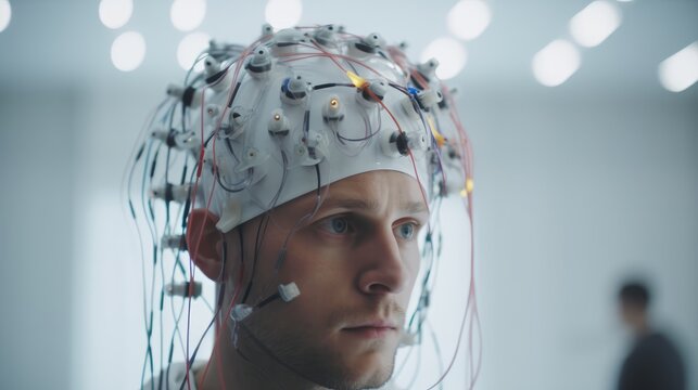 Man monitoring his brain with sensors electrodes, in white Lab, brain-computer interfaces, electroencephalogram, AI generative