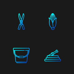 Fototapeta premium Set line Garden hose or fire hose, Bucket, Gardening handmade scissors and Corn. Gradient color icons. Vector